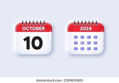 Icono 3d de fecha de calendario. Icono del 10 día del mes. Fecha de programación del evento. Hora de cita de la reunión. 10 de octubre. Fecha del recordatorio del evento del calendario. Vector