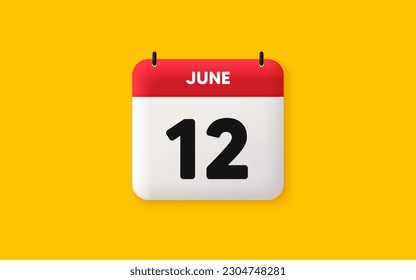 Icono 3d de fecha de calendario. Icono del 12 día del mes. Fecha de programación del evento. Hora de cita de la reunión. Plan de la agenda, calendario 3d del mes de junio y calendario. Recordatorio del día 12. Vector