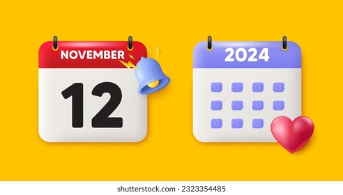 Calendar date 3d icon. 12th day of the month icon. Event schedule date. Meeting appointment time. 12th day of November month. Calendar event reminder date. Vector