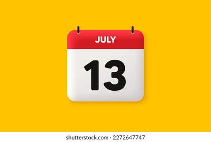Icono 3d de fecha de calendario. Icono del día 13 del mes. Fecha de programación del evento. Hora de cita de la reunión. Plan de la agenda, calendario 3d del mes de julio y calendario. Recordatorio del día 13. Vector