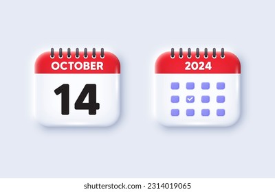 Icono 3d de fecha de calendario. Icono del día 14 del mes. Fecha de programación del evento. Hora de cita de la reunión. 14 de octubre. Fecha del recordatorio del evento del calendario. Vector