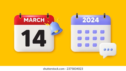 Calendar date 3d icon. 14th day of the month icon. Event schedule date. Meeting appointment time. 14th day of March month. Calendar event reminder date. Vector