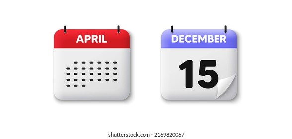 Calendar date 3d icon. 15th day of the month icon. Event schedule date. Meeting appointment time. Agenda plan, Month schedule 3d calendar and Time planner. 15th day day reminder. Vector