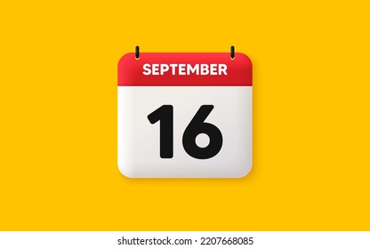 Icono 3d de fecha de calendario. icono del día 16 del mes. Fecha de programación del evento. Hora de cita de la reunión. Plan de la agenda, calendario 3d del mes de septiembre y calendario. Recordatorio del día 16. Vector