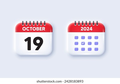 Icono de fecha de calendario 3d. Icono del día 19 del mes. Fecha de programación del evento. Hora de cita de reunión. Día 19 del mes de octubre. Fecha de recordatorio de evento del calendario. Vector