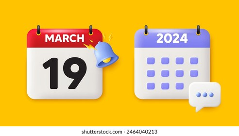 Calendar date 3d icon. 19th day of the month icon. Event schedule date. Meeting appointment time. 19th day of March month. Calendar event reminder date. Vector