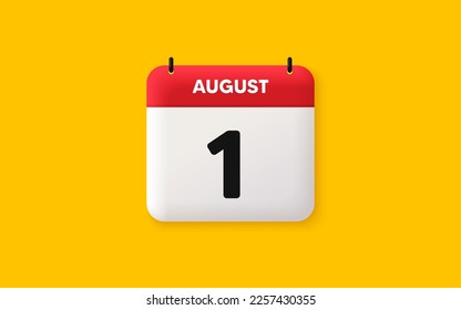 Calendar date 3d icon. 1st day of the month icon. Event schedule date. Meeting appointment time. Agenda plan, August month schedule 3d calendar and Time planner. 1st day day reminder. Vector