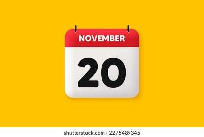 Icono 3d de fecha de calendario. Icono del 20 día del mes. Fecha de programación del evento. Hora de cita de la reunión. Plan de la agenda, calendario 3d del mes de noviembre y calendario. Recordatorio del día 20. Vector