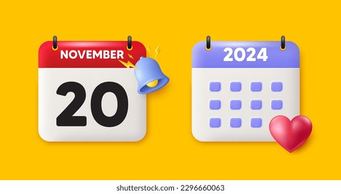 Calendar date 3d icon. 20th day of the month icon. Event schedule date. Meeting appointment time. 20th day of November month. Calendar event reminder date. Vector