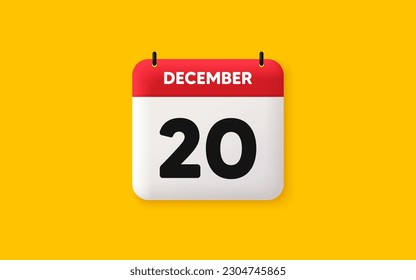 Icono 3d de fecha de calendario. Icono del 20 día del mes. Fecha de programación del evento. Hora de cita de la reunión. Plan de la agenda, calendario 3d del mes de diciembre y calendario. Recordatorio del día 20. Vector