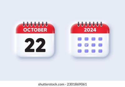 Icono 3d de fecha de calendario. Icono del 22 día del mes. Fecha de programación del evento. Hora de cita de la reunión. 22 días del mes de octubre. Fecha del recordatorio del evento del calendario. Vector