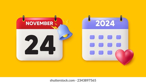 Calendar date 3d icon. 24th day of the month icon. Event schedule date. Meeting appointment time. 24th day of November month. Calendar event reminder date. Vector