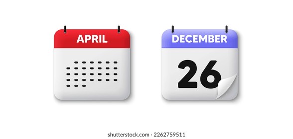 Calendar date 3d icon. 26th day of the month icon. Event schedule date. Meeting appointment time. Agenda plan, Month schedule 3d calendar and Time planner. 26th day day reminder. Vector