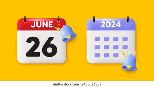 Calendar date 3d icon. 26th day of the month icon. Event schedule date. Meeting appointment time. 26th day of June month. Calendar event reminder date. Vector