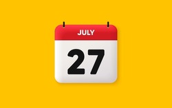 Calendar Date 3d Icon. 27th Day Of The Month Icon. Event Schedule Date. Meeting Appointment Time. Agenda Plan, July Month Schedule 3d Calendar And Time Planner. 27th Day Day Reminder. Vector