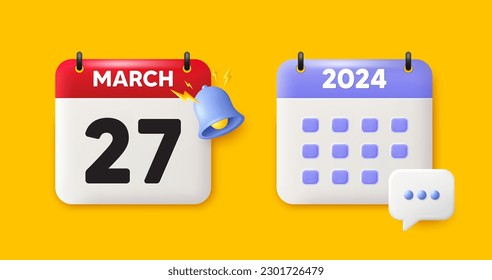 Icono 3d de fecha de calendario. Icono del 27 día del mes. Fecha de programación del evento. Hora de cita de la reunión. 27 de marzo mes. Fecha del recordatorio del evento del calendario. Vector