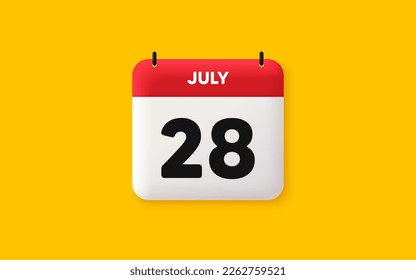 Icône 3d date du calendrier. icône 28e jour du mois. Date du programme d'événements. Heure de rendez-vous de réunion. Plan de l'ordre du jour, calendrier 3d du mois de juillet et planificateur de l'heure. rappel du 28e jour. Image vectorielle