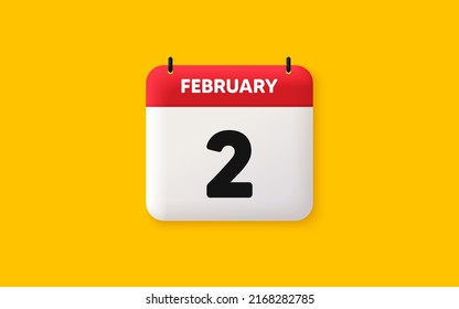 Calendar date 3d icon. 2nd day of the month icon. Event schedule date. Meeting appointment time. Agenda plan, February month schedule 3d calendar and Time planner. 2nd day day reminder. Vector