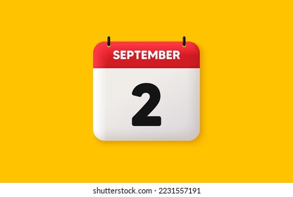 Icono 3d de fecha de calendario. Icono del segundo día del mes. Fecha de programación del evento. Hora de cita de la reunión. Plan de la agenda, calendario 3d del mes de septiembre y calendario. Recordatorio de segundo día. Vector