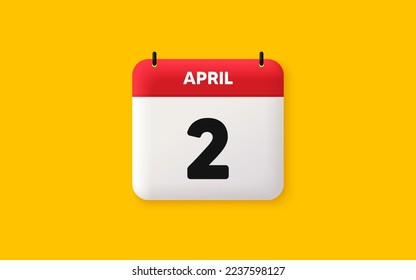Kalender Datum 3d Symbol. 2. Tag des Monats Icon. Datum des Ereignisplans Termine für Sitzungen Agenda Plan, April Monatsplan 3d Kalender und Zeitplaner. Erinnerung an den zweiten Tag. Vektorgrafik