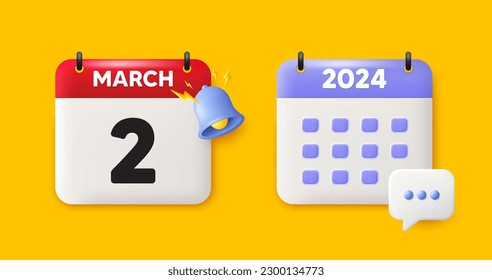 Calendar date 3d icon. 2nd day of the month icon. Event schedule date. Meeting appointment time. 2nd day of March month. Calendar event reminder date. Vector