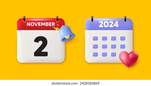 Icono de fecha de calendario 3d. Icono del 2º día del mes. Fecha de programación del evento. Hora de cita de reunión. 2º día del mes de noviembre. Fecha de recordatorio de evento del calendario. Vector