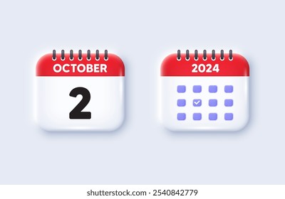 Calendar date 3d icon. 2nd day of the month icon. Event schedule date. Meeting appointment time. 2nd day of October month. Calendar event reminder date. Vector