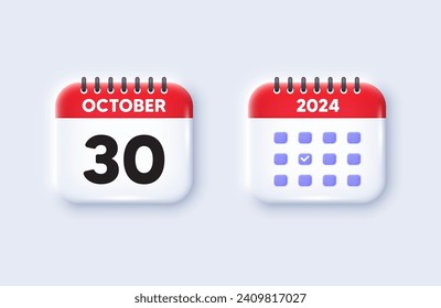 Icono 3d de fecha de calendario. Icono del 30 día del mes. Fecha de programación del evento. Hora de cita de la reunión. 30 de octubre. Fecha del recordatorio del evento del calendario. Vector