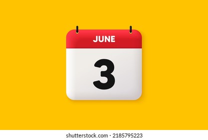 Icono 3d de fecha de calendario. Icono de tercer día del mes. Fecha de programación del evento. Hora de cita de la reunión. Plan de la agenda, calendario 3d del mes de junio y calendario. Recordatorio de 3 días. Vector