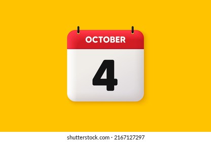 Icono 3d de fecha de calendario. Icono del cuarto día del mes. Fecha de programación del evento. Hora de cita de la reunión. Plan de la agenda, calendario 3d del mes de octubre y calendario. 4.º día de recordatorio. Vector