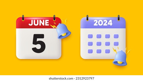 Icono 3d de fecha de calendario. icono del quinto día del mes. Fecha de programación del evento. Hora de cita de la reunión. 5 de junio. Fecha del recordatorio del evento del calendario. Vector