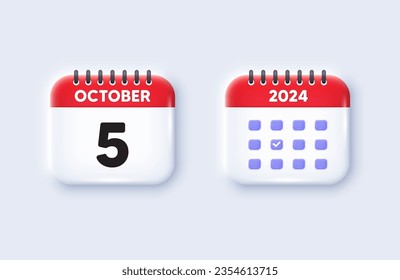 Calendar date 3d icon. 5th day of the month icon. Event schedule date. Meeting appointment time. 5th day of October month. Calendar event reminder date. Vector