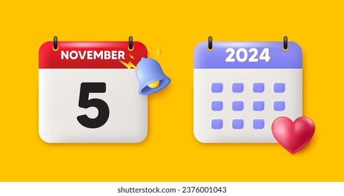 Calendar date 3d icon. 5th day of the month icon. Event schedule date. Meeting appointment time. 5th day of November month. Calendar event reminder date. Vector