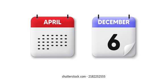 Icono 3d de fecha de calendario. icono del sexto día del mes. Fecha de programación del evento. Hora de cita de la reunión. Plan de la agenda, calendario 3d del mes y calendario. Recordatorio del día 6. Vector
