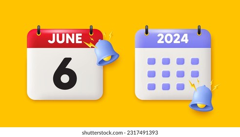 Calendar date 3d icon. 6th day of the month icon. Event schedule date. Meeting appointment time. 6th day of June month. Calendar event reminder date. Vector