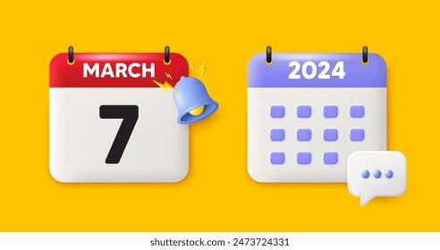 Calendar date 3d icon. 7th day of the month icon. Event schedule date. Meeting appointment time. 7th day of March month. Calendar event reminder date. Vector