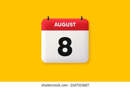 Kalender Datum 3d Symbol. 8. Tag des Monats Symbol. Datum des Ereignisplans Termine für Sitzungen Agenda Plan, August Monatsplan 3d Kalender und Zeitplaner. Erinnerung an 8 Tage. Vektorgrafik