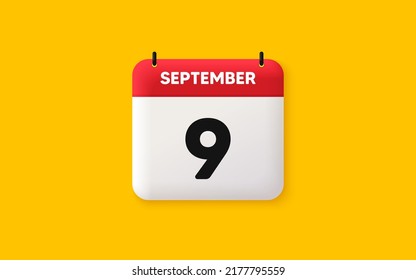 Calendar date 3d icon. 9th day of the month icon. Event schedule date. Meeting appointment time. Agenda plan, September month schedule 3d calendar and Time planner. 9th day day reminder. Vector