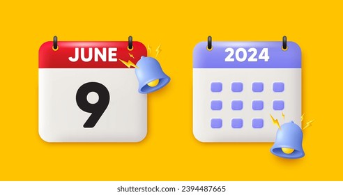 Calendar date 3d icon. 9th day of the month icon. Event schedule date. Meeting appointment time. 9th day of June month. Calendar event reminder date. Vector