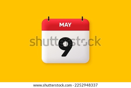 Calendar date 3d icon. 9th day of the month icon. Event schedule date. Meeting appointment time. Agenda plan, May month schedule 3d calendar and Time planner. 9th day day reminder. Vector