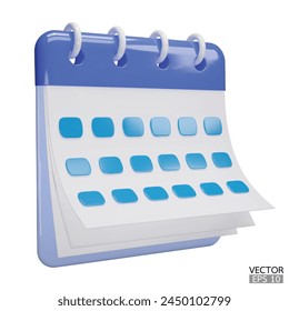 Icono de fecha de calendario 3d. Calendario azul con páginas giratorias y anillos aislados sobre fondo blanco. Planificador diario. Calendario de eventos Plan, Recordatorio, concepto de planificación de trabajo. Ilustración vectorial 3d.