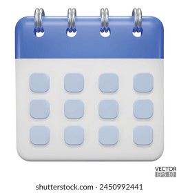 Calendar date 3d icon. Blue calendar with flipping pages and rings isolated on white background. Daily schedule planner. Calendar events plan, Reminder, work planning concept. 3d vector illustration.