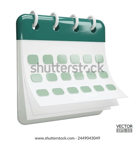 Calendar date 3d icon. Green calendar with flipping pages and rings isolated on white background. Daily schedule planner. Calendar events plan, Reminder, work planning concept. 3d vector illustration.
