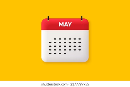 Icono 3d de fecha de calendario. Icono de mes de mayo. Calendario de eventos Fecha de mayo. Planificador de citas de reunión. Plan de la agenda, calendario 3d del mes y calendario. Recordatorio del día de mayo. Vector