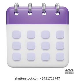 Calendar date 3d icon. Purple calendar with flipping pages and rings isolated on white background. Daily schedule planner. Calendar events plan, Reminder,work planning concept. 3d vector illustration.