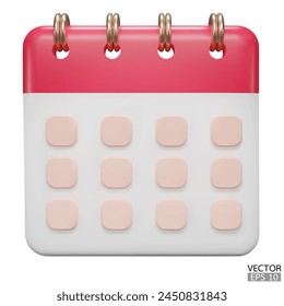 Calendar date 3d icon. Red calendar with flipping pages and rings isolated on white background. Daily schedule planner. Calendar events plan, Reminder, work planning concept. 3d vector illustration.