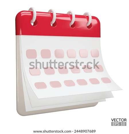 Calendar date 3d icon. Red calendar with flipping pages and rings isolated on white background. Daily schedule planner. Calendar events plan, Reminder, work planning concept. 3d vector illustration.