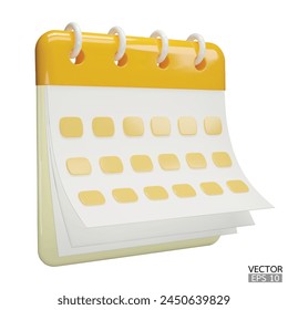 Icono de fecha de calendario 3d. Calendario amarillo con páginas giratorias y anillos aislados sobre fondo blanco. Planificador diario. Plan de eventos del calendario, Recordatorio, concepto de planificación de trabajo. Ilustración vectorial 3d.