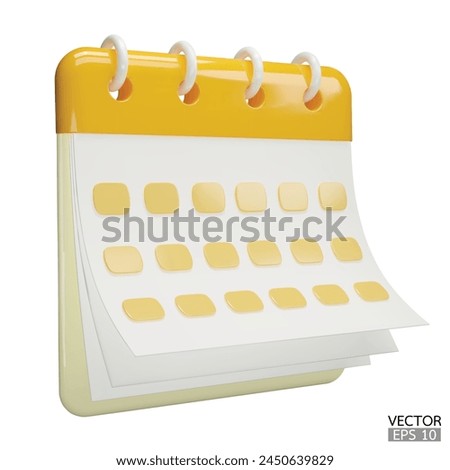 Calendar date 3d icon. Yellow calendar with flipping pages and rings isolated on white background. Daily schedule planner. Calendar events plan, Reminder,work planning concept. 3d vector illustration.