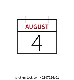 Calendar with date 4 august, line icon month name and date. Stroke outline, flat vector illustration for UI graphic design.